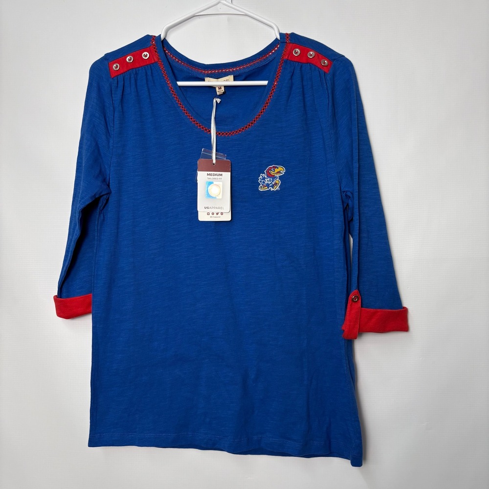 UG Apparel Kansas Jayhawks Womens Medium Blue 3/4 Sleeve Button Shoulder Tee NWT